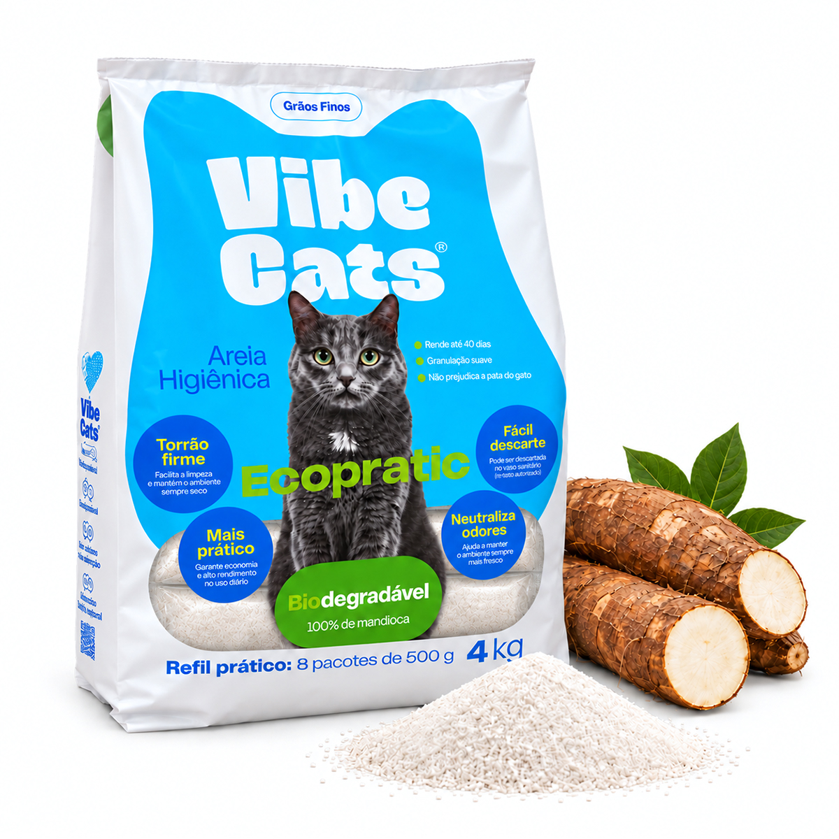 Areia de Gato 100% Fécula de Mandioca Pura Biodegradável Grão Fino 4kg