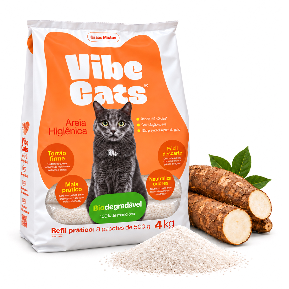 Areia de Gato 100% Fécula de Mandioca Pura Biodegradável Grão Misto 4kg