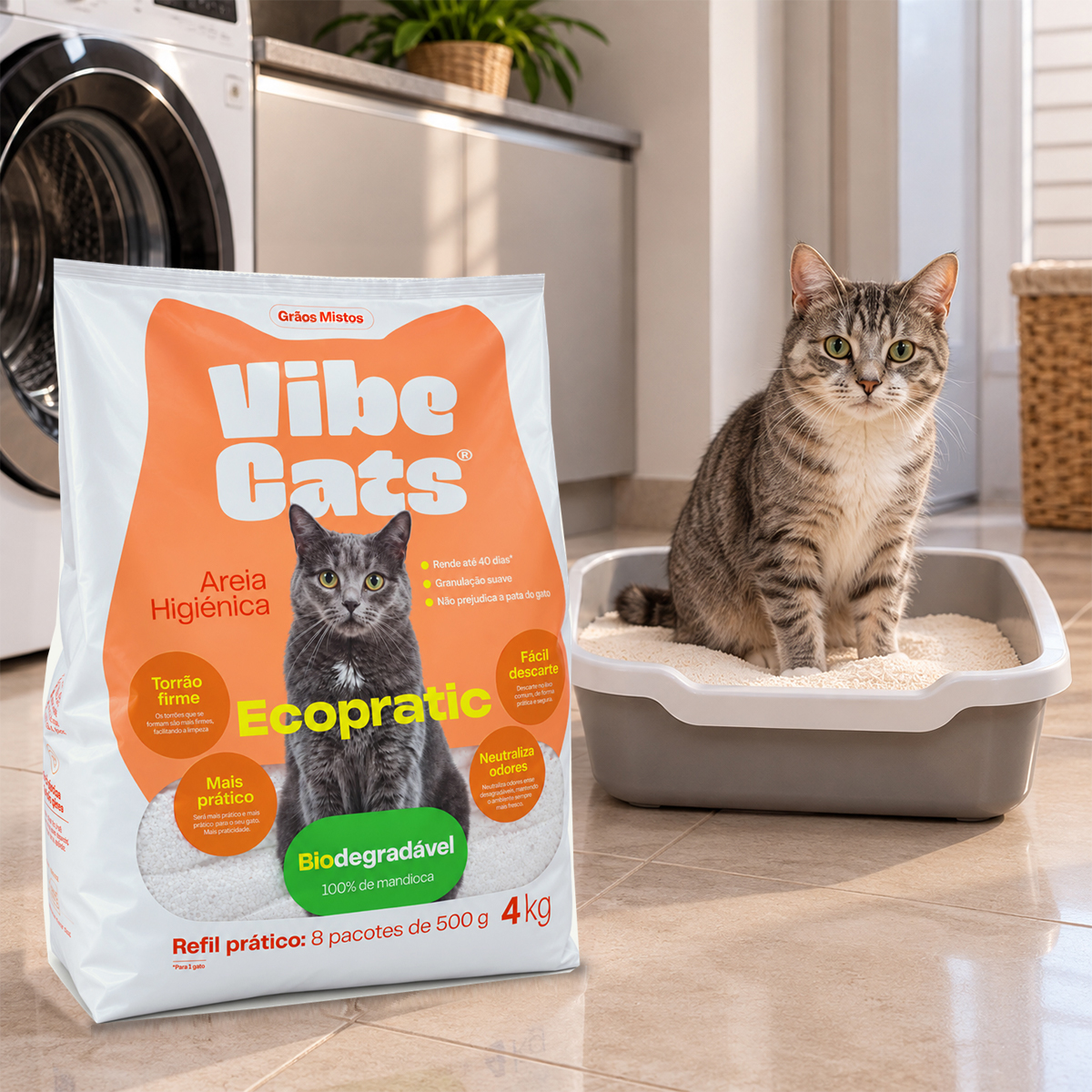 Areia de Gato 100% Fécula de Mandioca Pura Biodegradável Grão Misto 4kg — foto 2