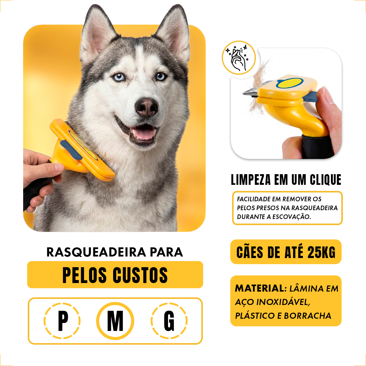 Escova Rasqueadeira Removedora de Pelos Porte Médio até  25 kg- AMARELO G - Pelo Curto — foto 4