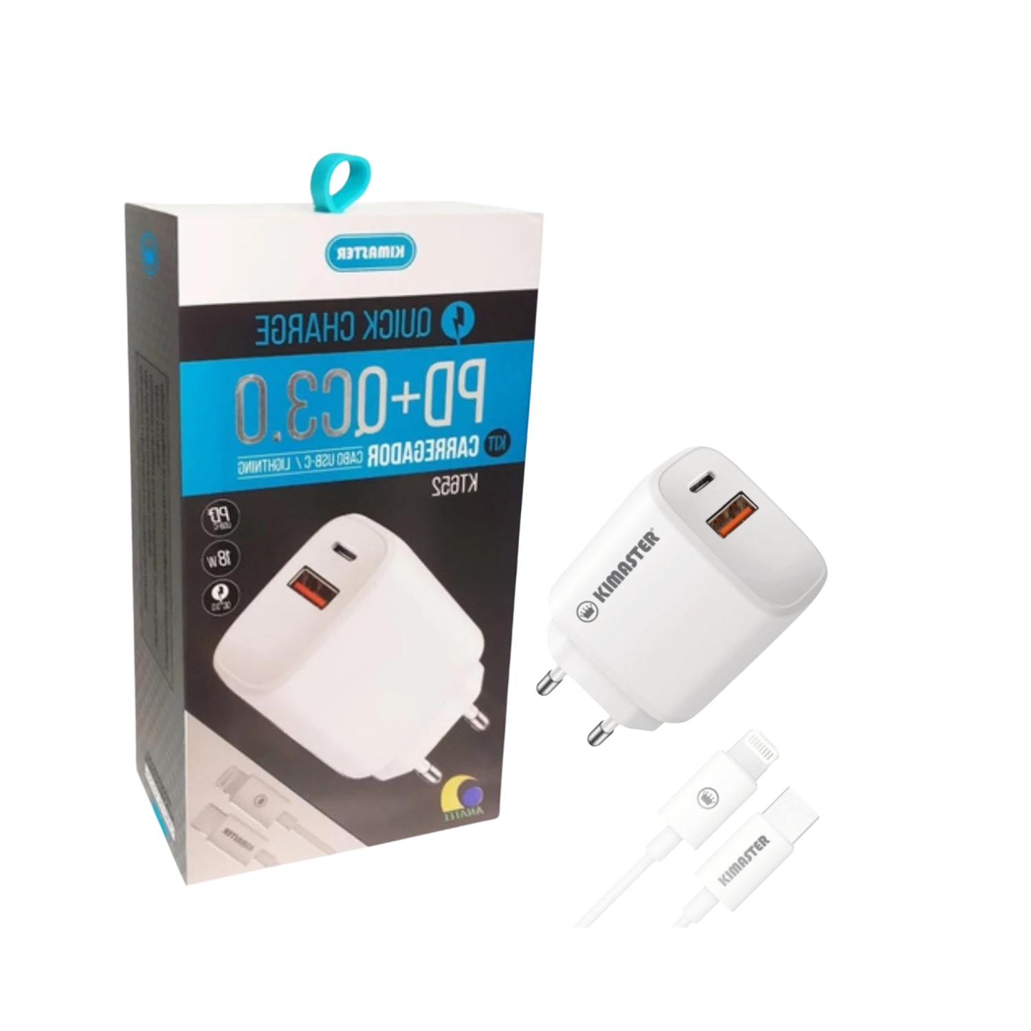 Kit Carregador 18W Kimaster Turbo C/ Cabo Usb-C Lightning - Kt652