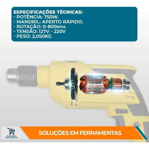 Furadeira De Impacto Mfi 750w 60hz Menegotti 127v Cor Amarelo 220v