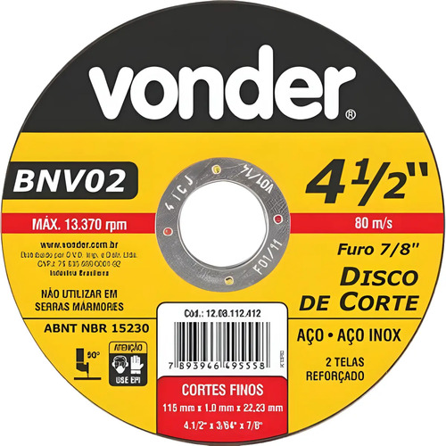 Disco corte 115X1X22,23mm BNV02 Vonder 1208112412
