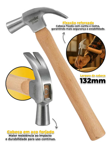 Martelo unha 27mm polido com cabo de madeira Vonder 3588027000