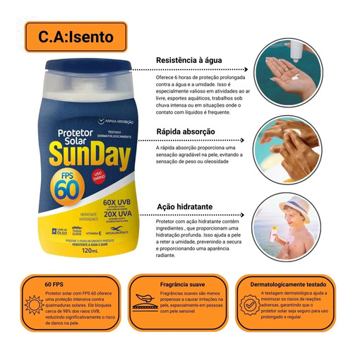 Protetor solar FPS 60 1/3 uva 120ml sunday 62059