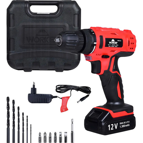 Parafusadeira 12v impacto 2 baterias 17 peças 005699 Worker