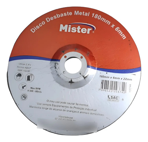 Disco desbaste metal 180X6mmX22mm Mister 100744