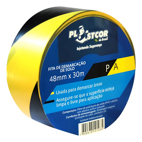 Fita de demarcação preto/amarelo 48mm 30 metros Plastcor