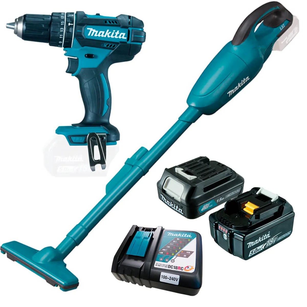 Aspirador de pó + Parafusadeira furadeira 18V à bateria Makita DHP4SFX8+DCL180Z