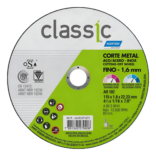 Disco de corte metal classic 115X1,6X22,23mm Norton 68053090