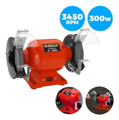 Motoesmeril Bancada 6pol com Motor Elet 300W 127V 60Hz Rebolo 6pol Desbaste Metal Schulz 91102540