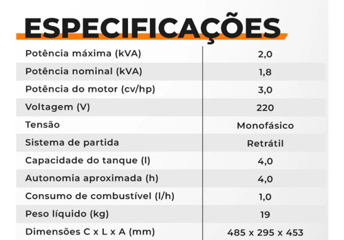 Gerador a gasolina inverter 2000I-2 60hz 220v Csm 71000085