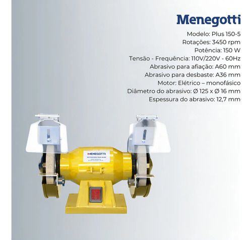Motoesmeril 150-05 plus mono 1/4cv 127/220v 150w Menegotti 40760114
