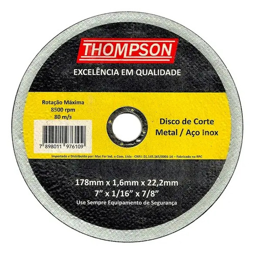 Disco de corte aço inox/metal 178X1,6X22,2 Thompson
