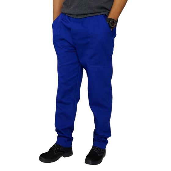 CMC03.AZR Calça masculina brim meio cós 3 bolsos com bainha faixa azul royal central