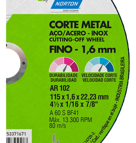 Disco de corte metal classic 115X1,6X22,23mm Norton 68053090