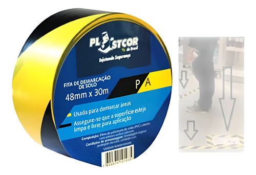 Fita de demarcação preto/amarelo 48mm 30 metros Plastcor