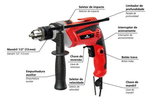 Furadeira impacto 1/2" 13mm 710w 220v 991180 Worker
