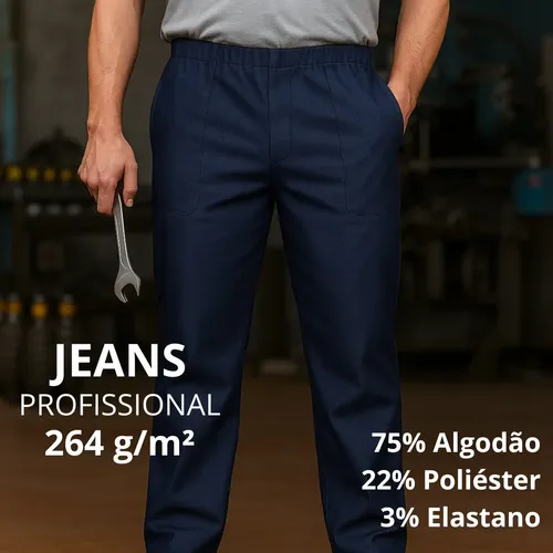 Calça jeans com elastano elástico total com 3 bolsos, estampa 1 cor em um dos bolsos (Drilling)
