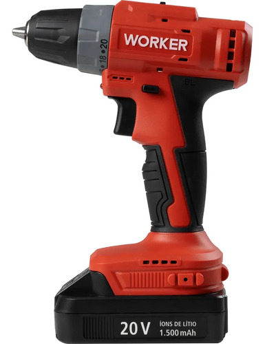 Parafusadeira 20v 1 bateria 13 peças  brushless 363269 Worker