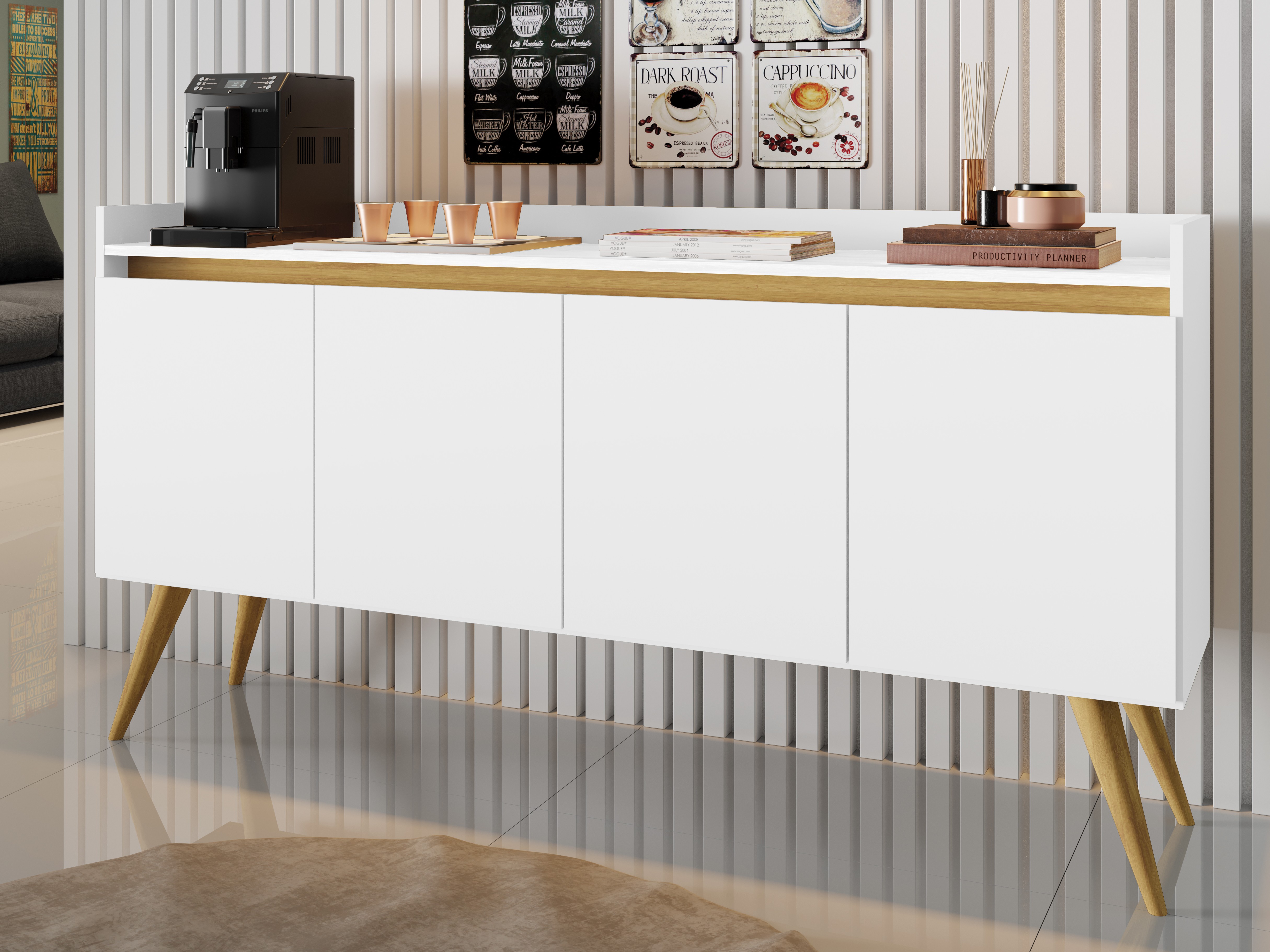 Aparador Gold 4 Portas Branco/Mel