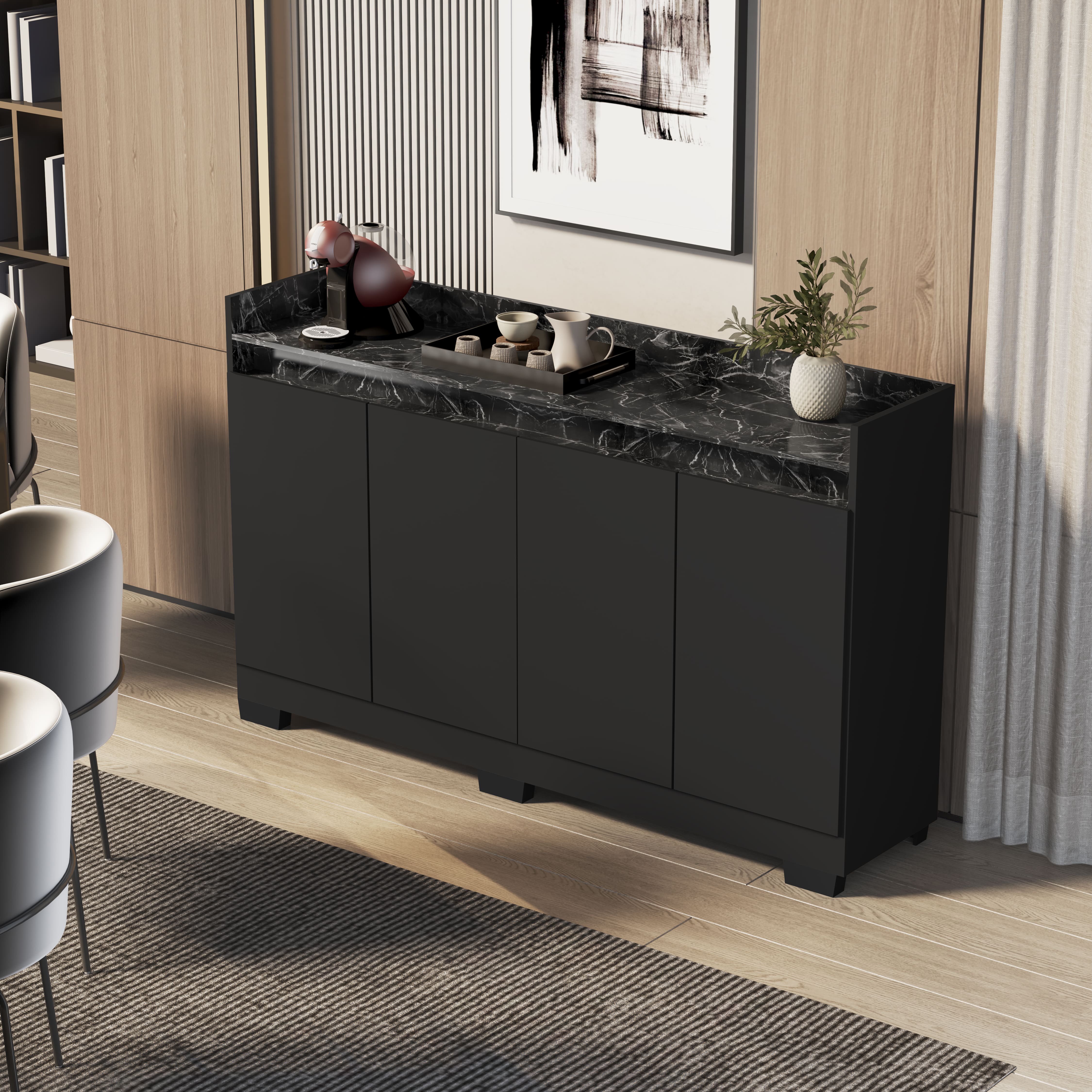 Buffet Real 4 Portas Preto/Mármore Preto
