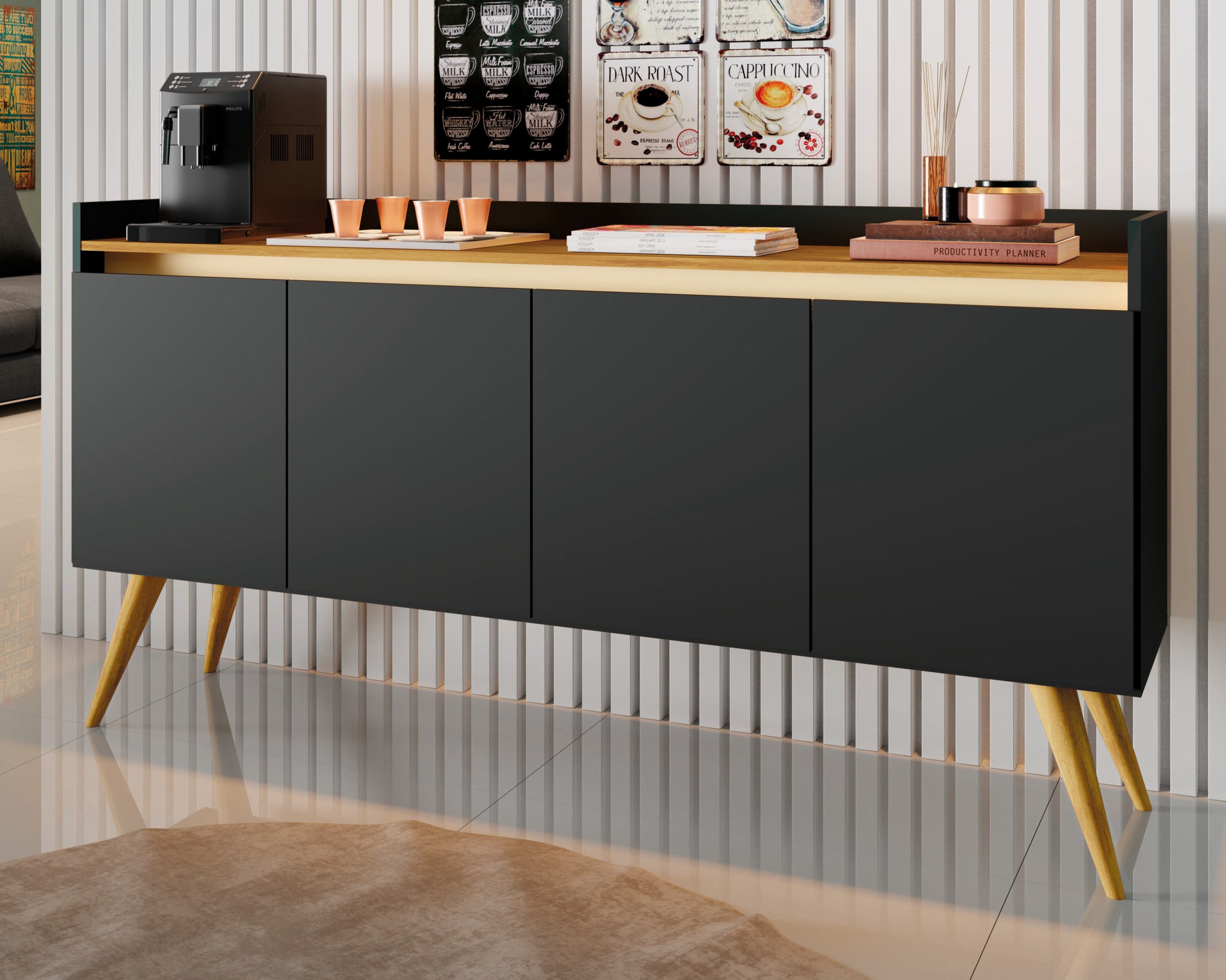 Aparador Gold 4 Portas Preto/Mel