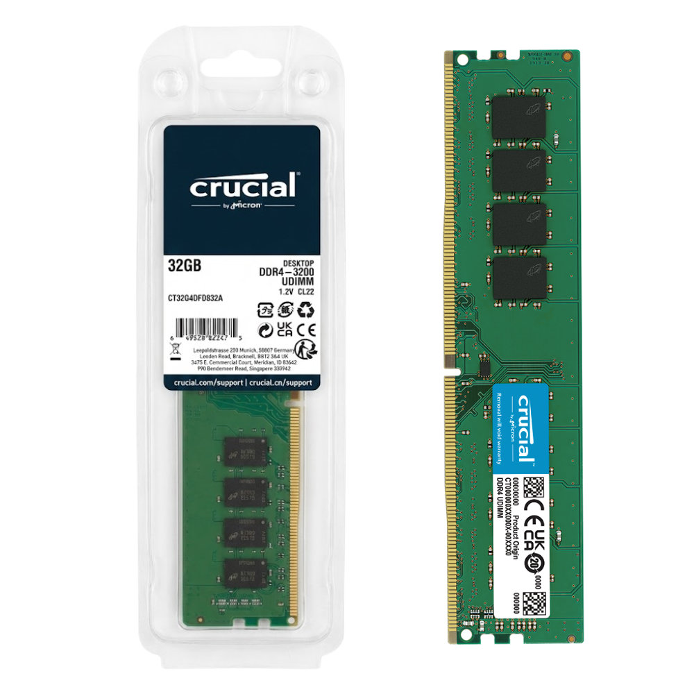 Memória RAM Crucial 32GB DDR4 3200MHz UDIMM Vista Frontal