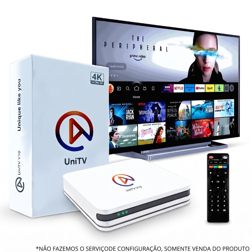Aparelho Receptor UniTv V10, controle e embalagem