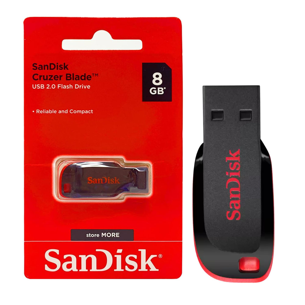 Pen Drive SanDisk Cruzer Blade 8GB Preto e Vermelho Vista Frontal