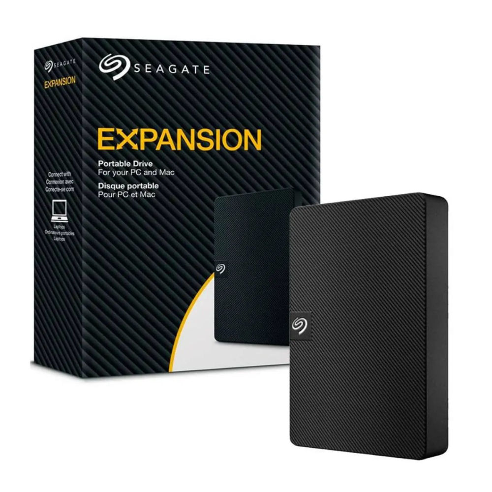 HD Externo Seagate Expansion 2TB ao lado da embalagem