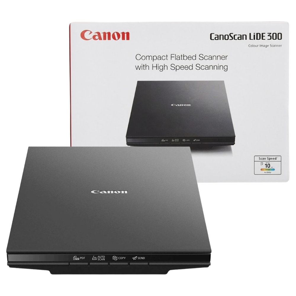 Scanner Canon LiDE 300 em mesa de trabalho demonstrando perfil fino - Resolucao recomendada 1000x1000