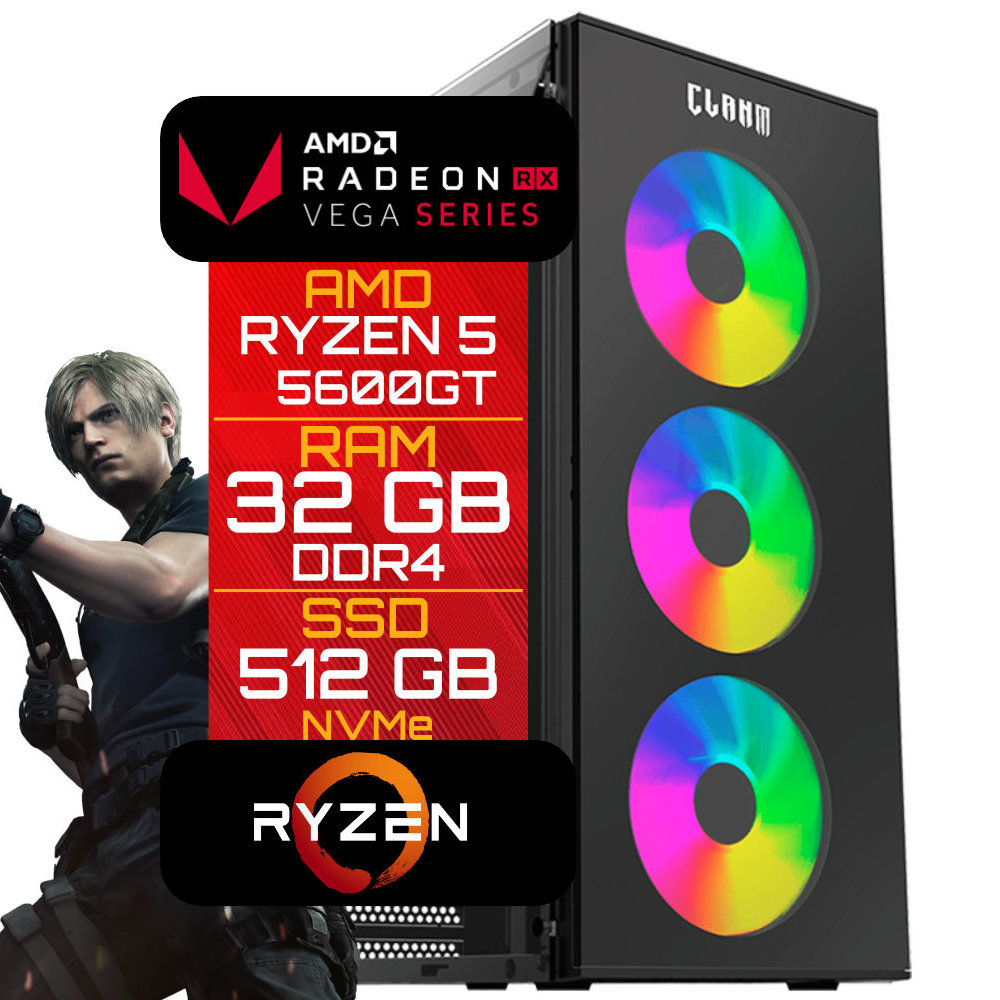 Computador Gamer AMD Ryzen 5 5600GT 32GB RAM SSD 512GB Gabinete Clanm SMOG - Visao Geral do Setup - Resolucao recomendada 1000x1000