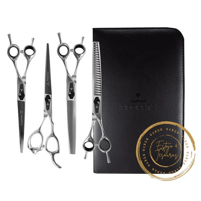 Kit 4 Tesouras Para Tosa Chrome Premium Propetz 7.5" + Estojo 4 Tesouras