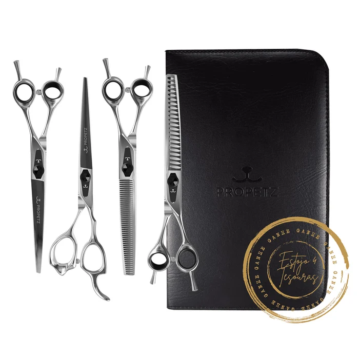 Kit 4 Tesouras Para Tosa Chrome Premium Propetz 7" + Estojo 4 Tesouras