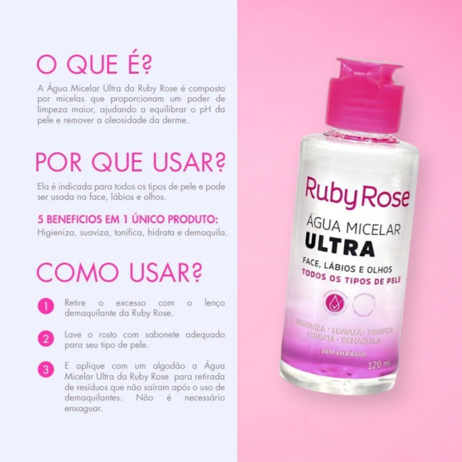 Água Micelar Ultra 120ml - todos os tipos de pele - Ruby Rose
