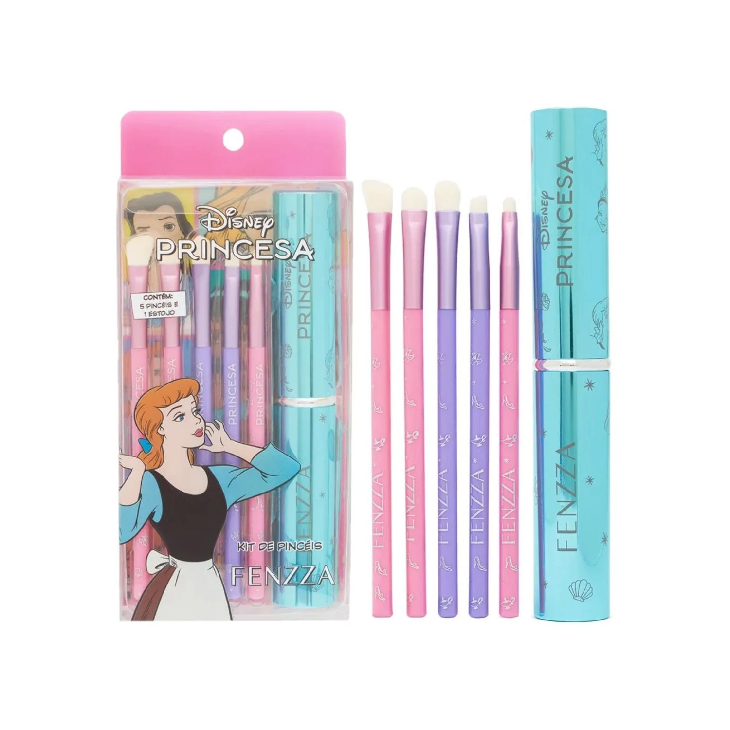 KIT COM 5 PINCÉIS + 1 CASE PRINCESAS - FENZZA