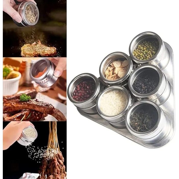 Porta Condimentos Magnetico Aço Inox 7 Peças c/ 6 Potes Triangular