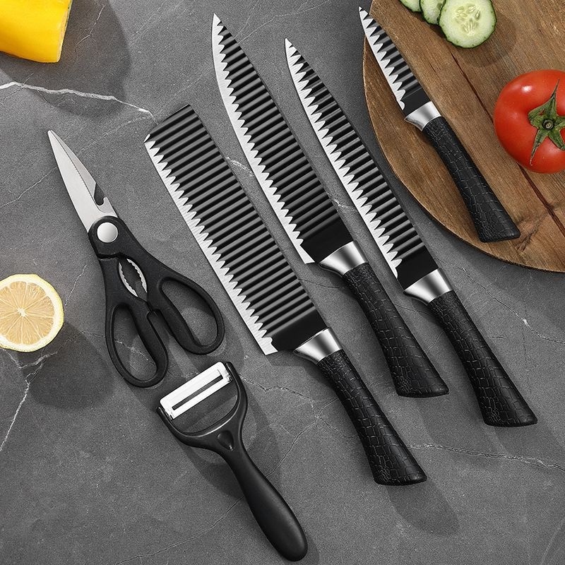 Kit 6 Facas Premium Profissionais Conjunto de Faca Carne Cutelo Legumes Aço Carbono Descascador Tesoura + Espremedor de