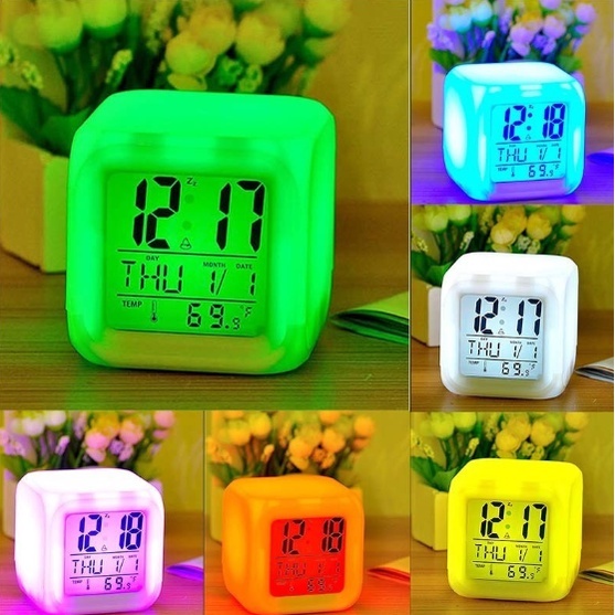 Kit Relógio Despertador de mesa Cube Led 7 Cores