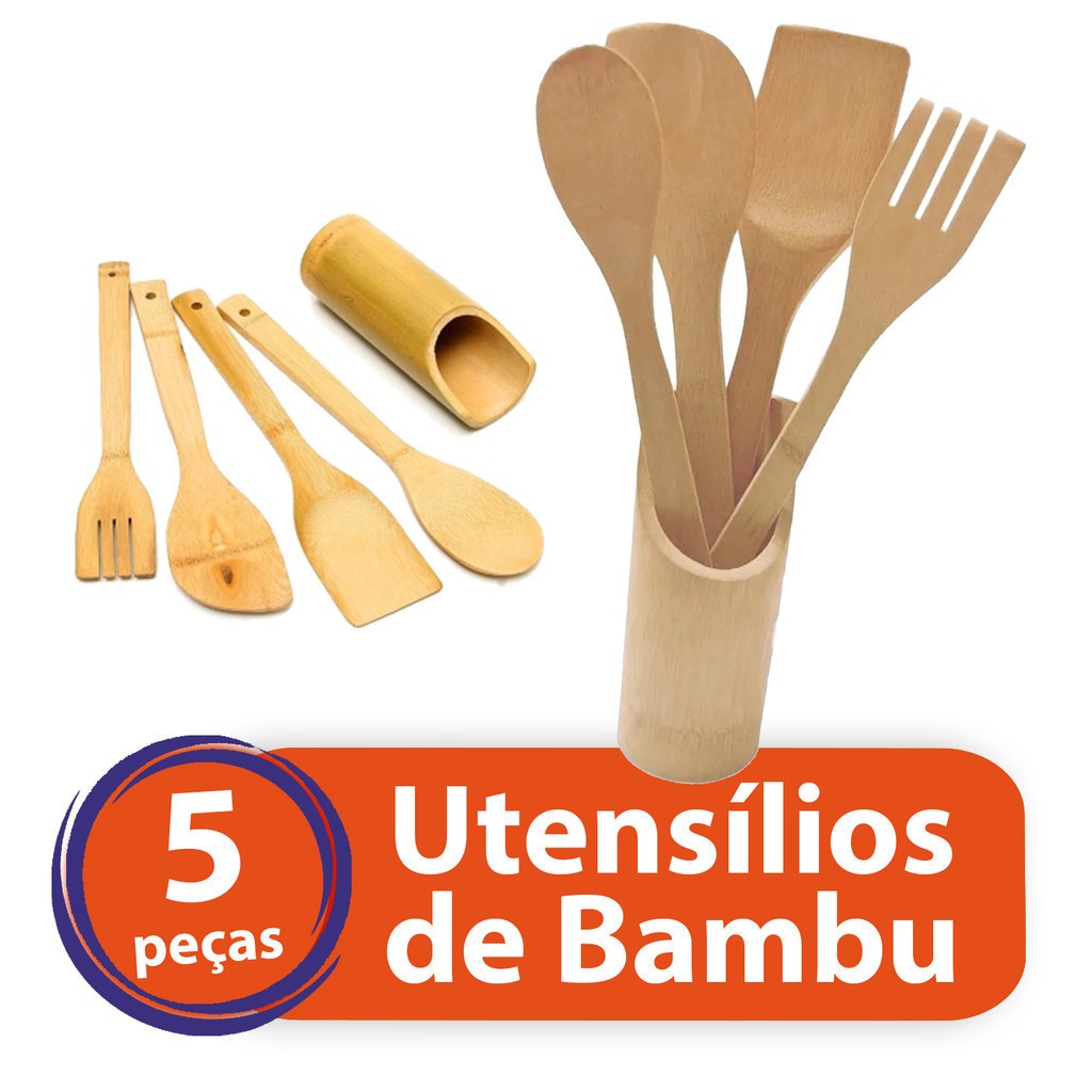 Kit De Utensílios de Bambu Para Cozinha Com 5 Peças