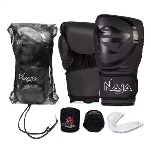 Kit Naja Boxe Muay Thai - Luvas + Bandagem + Bucal + Bolsa - Preto - 16oz