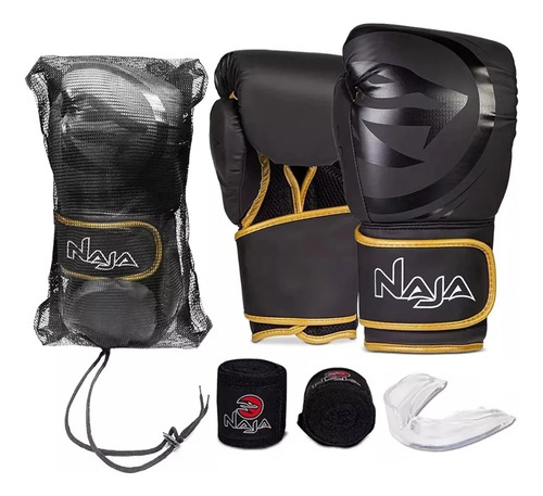 Kit Naja Boxe Muay Thai - Luvas + Bandagem + Bucal + Bolsa - Dourado - 16oz