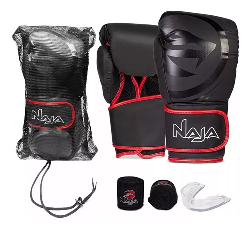 Kit Naja Boxe Muay Thai - Luvas + Bandagem + Bucal + Bolsa - Vermelho - 10oz