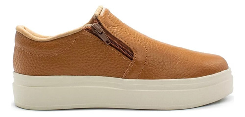 Tênis Usaflex Feminino Couro Slip On Plataforma Zíper Macio - Tan - Couro