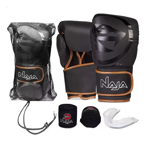 Kit Naja Boxe Muay Thai - Luvas + Bandagem + Bucal + Bolsa - Bronze - 16oz