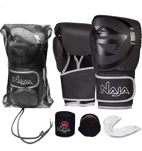 Kit Naja Boxe Muay Thai - Luvas + Bandagem + Bucal + Bolsa - Prata - 16oz