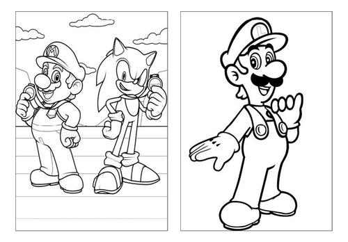 100 Desenhos Mario E Sonic Para Colorir E Pintar  50 Folhas Avulsas A4! 2 Desenhos Por Folha!