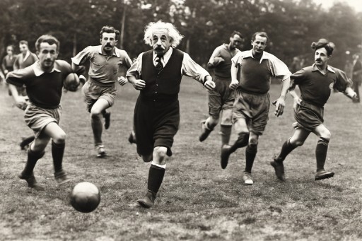 An old black and white photograph of Albert Einstein playing football and running over other players