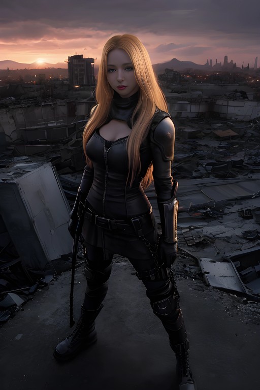 (Dark-red sclera:1.1), Lisa Kudrow, blonde hair, beautiful, poised in a dramatic stance, post-apocalyptic destroyed city as background, devastation, destruction, dystopian, dusk, gloomy light, extremely high quality, extremely detailed, empty hands, beautiful eyes ### Signature, text, letters, extra limbs, deformed, extra fingers, deformed hands, missing fingers, blood, scars, holding anything